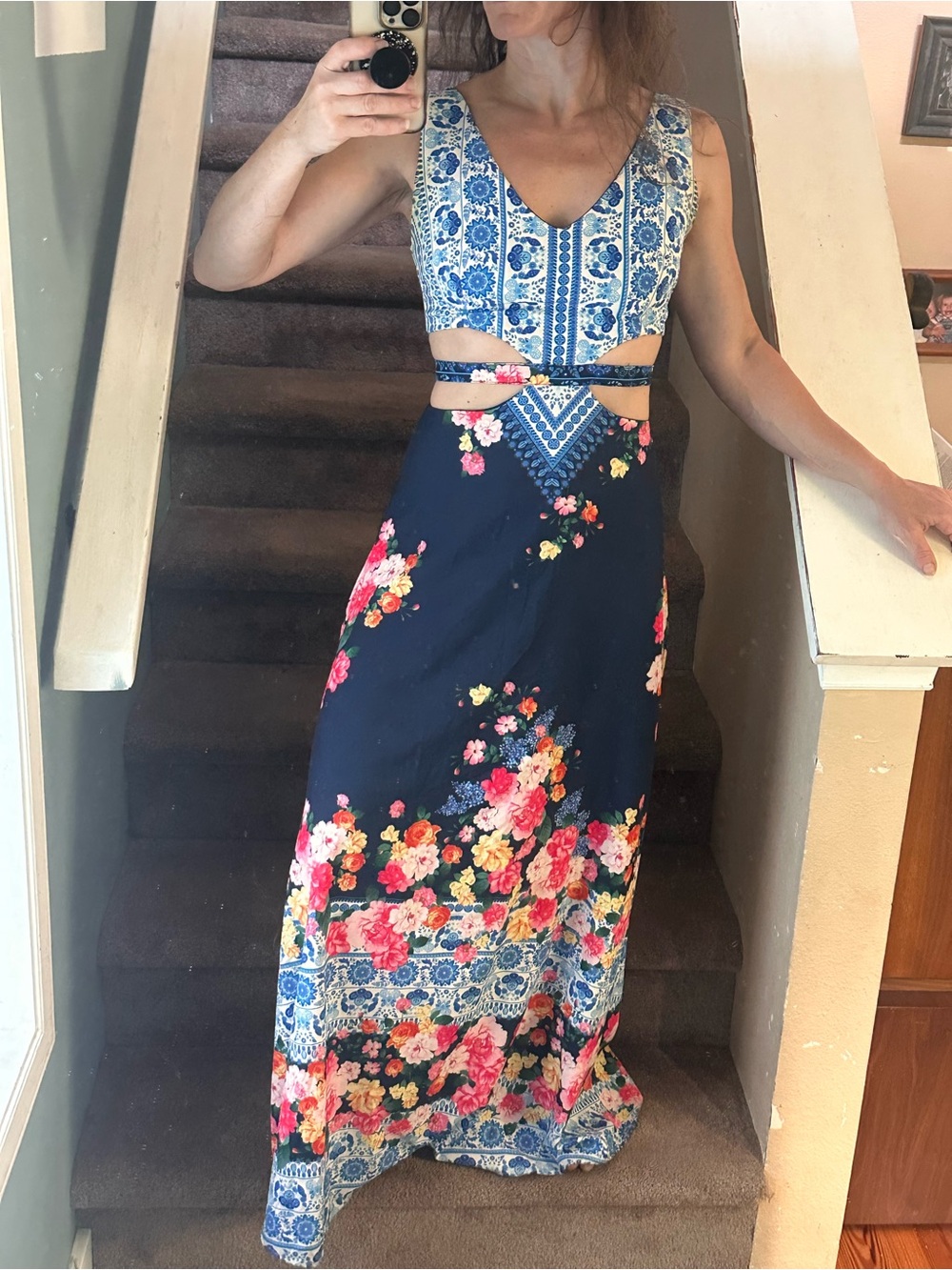 Navy Maxi Dress with side cut-outs - Blue & Pink Floral